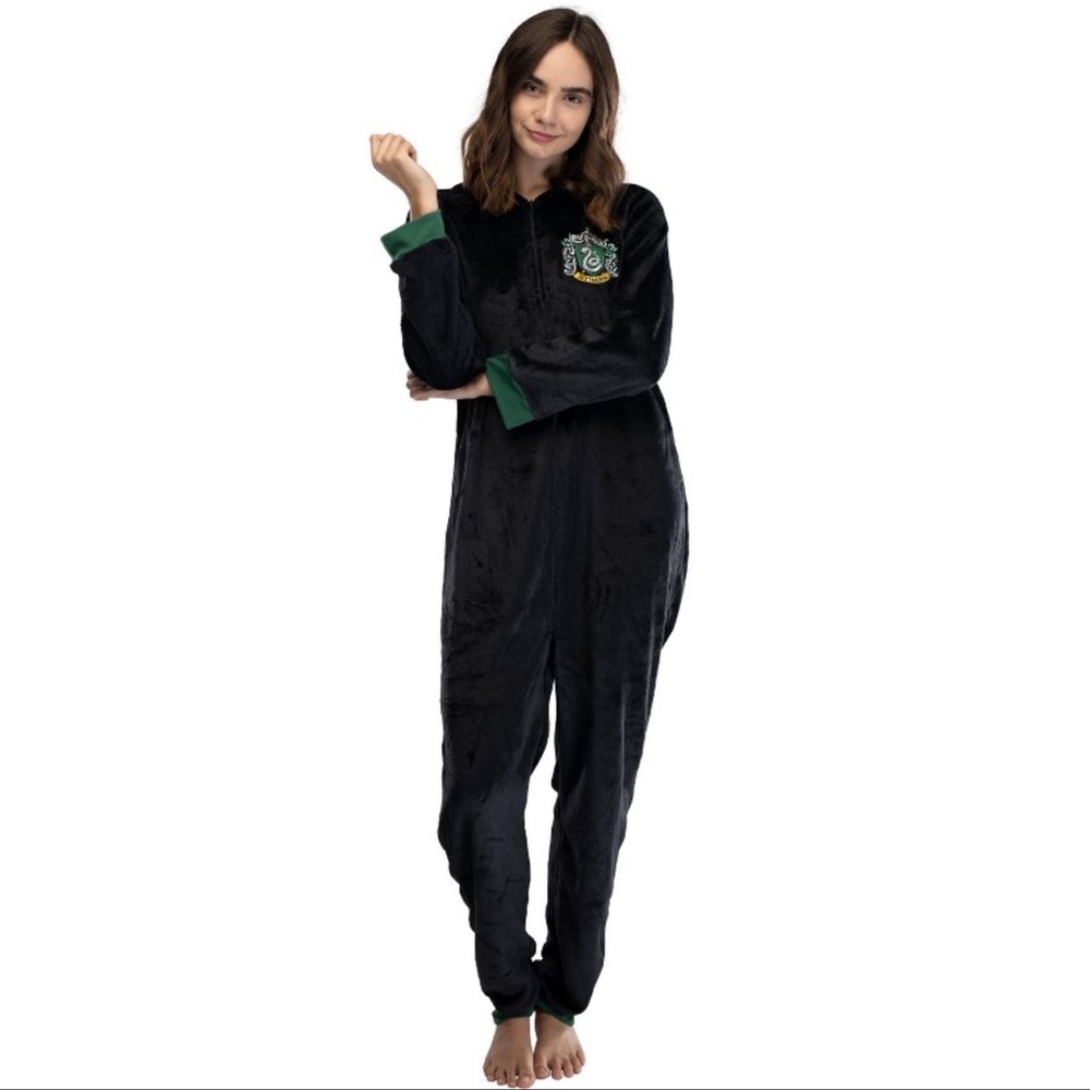 Harry Potter Women's Slytherin Fleece One-Piece Hooded Front Zip Pajama L/XL